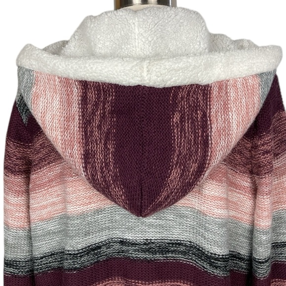 Long Pink Gray Knit Sherpa Hooded Cardigan, Size XL - Picture 7 of 15